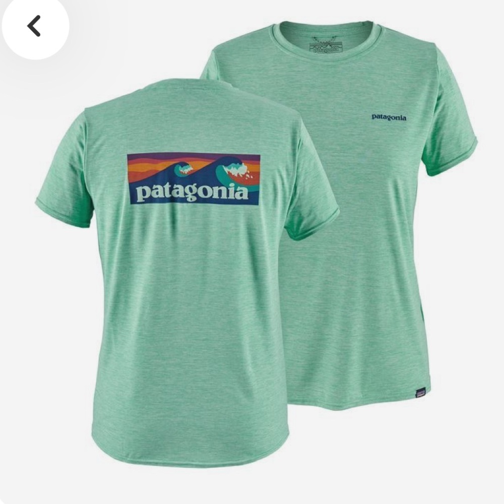 Patagonia Capilene Cool Green Vjosa top, color is aqua/teal
